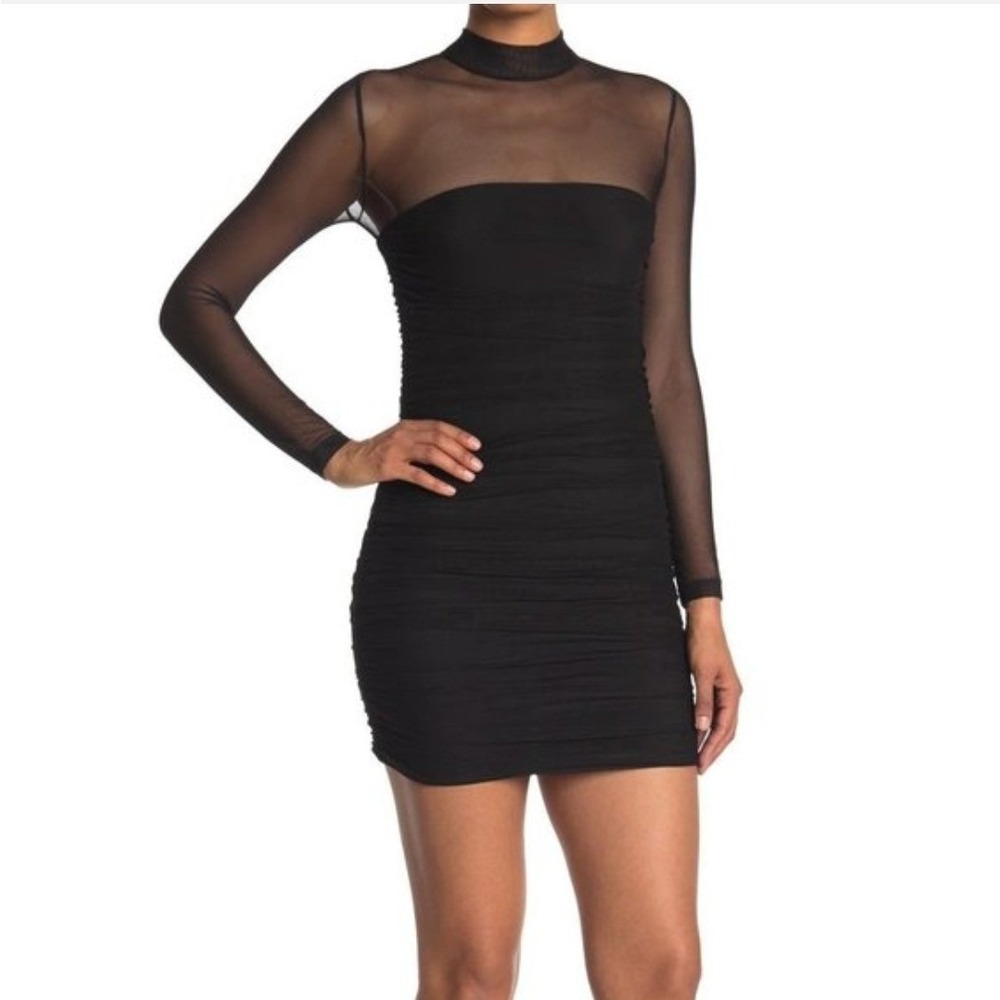 Love X Design Black Sheer Mesh Mock Neck Ruched Mini Dress Small